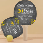 Cheers and beers to 30 years men birthday funny ping pong paddle<br><div class="desc">Retro informal and funny cheers and beers men thirty birthday custom keepsake ping pong paddle gift with a fancy typography script, a yellow doodle beer mug, and swirls on a rustic vintage dark grey chalkboard background. Suitable as a gift for any age or milestone male birthday. Easy to personalize with...</div>