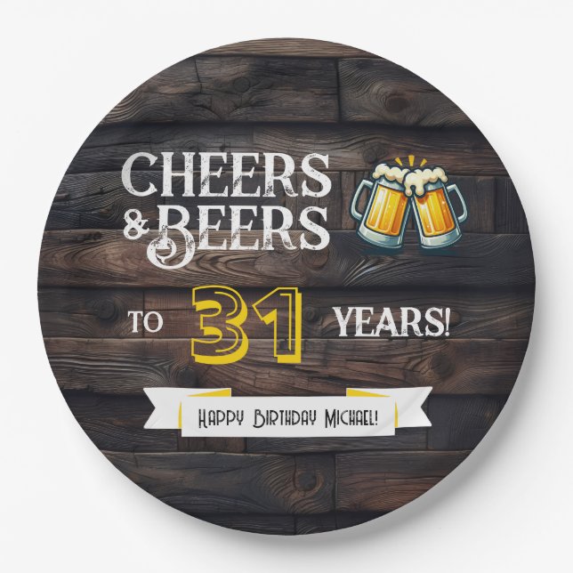 Cheers and Beers to 31 Years Rustic Birthday Paper Plates (Front)