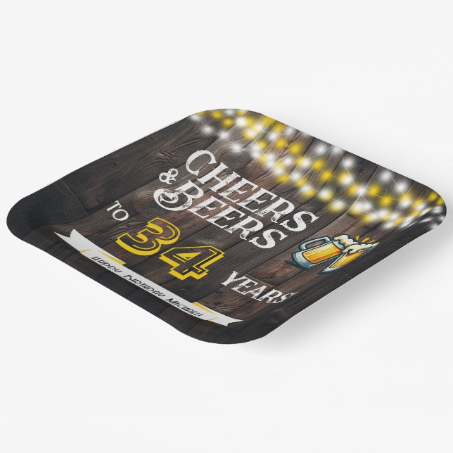 Cheers and Beers to 34 Years Rustic Birthday Paper Plates (Angled)