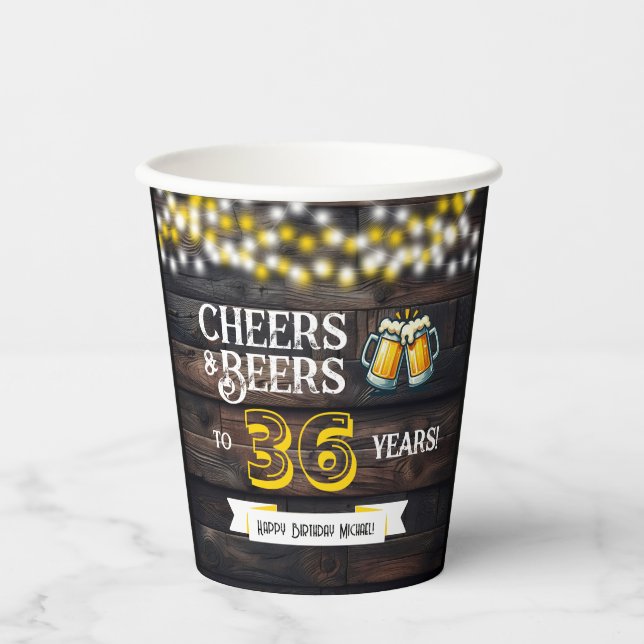 Cheers and Beers to 36 Years Rustic Birthday Paper Cups (Front)