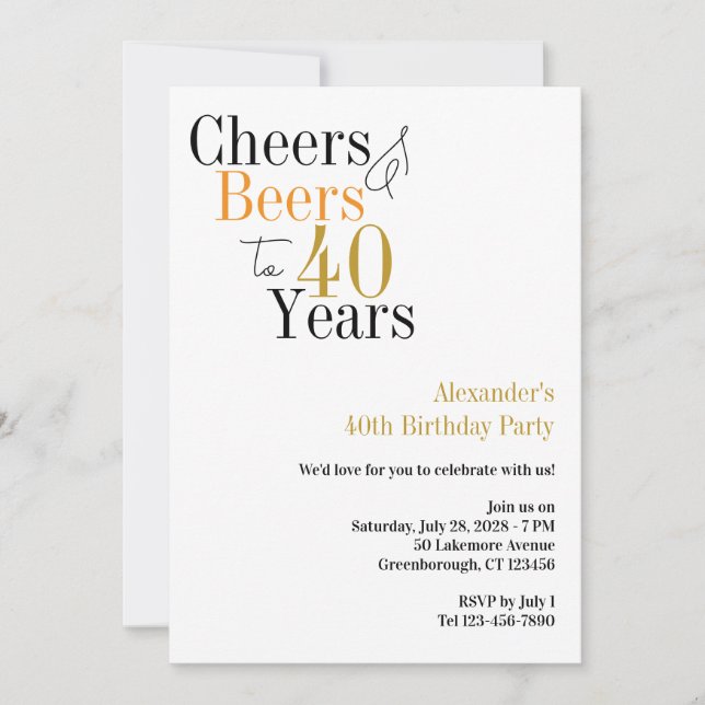 Cheers and beers to 40 years Minimal party Invitation (Front)