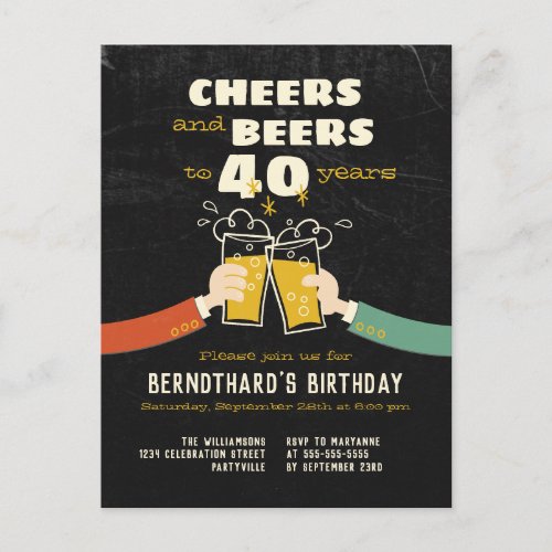 Cheers And Beers To 40 Years Retro Invitation Postcard