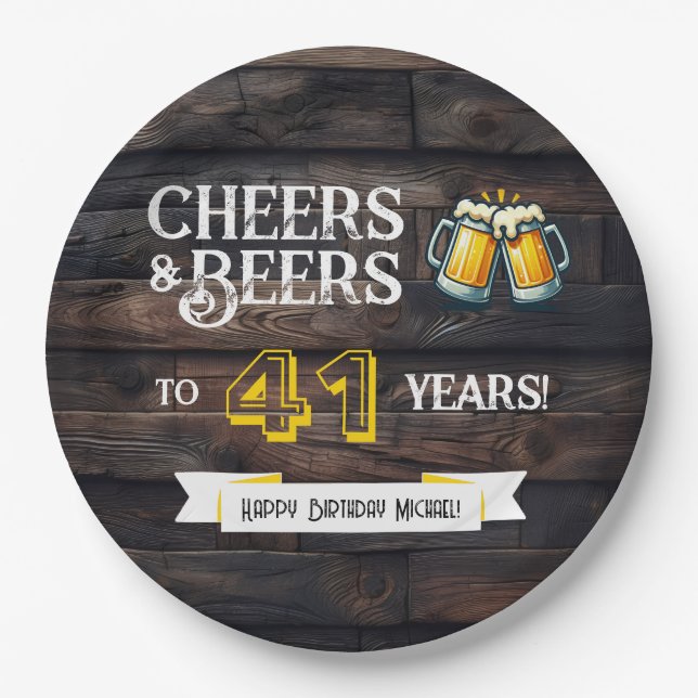 Cheers and Beers to 41 Years Rustic Birthday Paper Plates (Front)