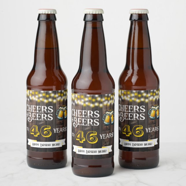 Cheers and Beers to 46 Years Rustic Birthday Beer Bottle Label (Bottles)