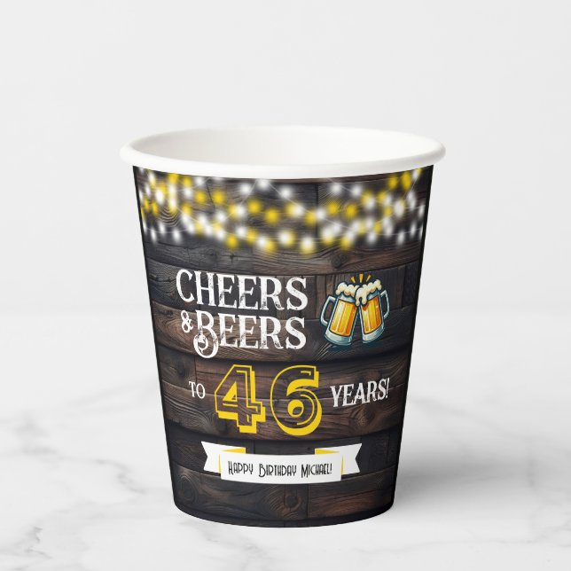 Cheers and Beers to 46 Years Rustic Birthday Paper Cups (Front)