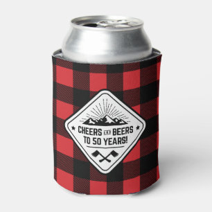 Cheers and Beers to 50 Years Red Buffalo Plaid Can Cooler