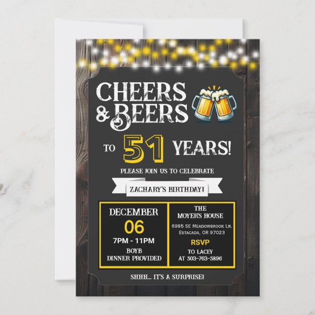 Cheers and Beers to 51 Years Surprise Backyard Invitation (Front)