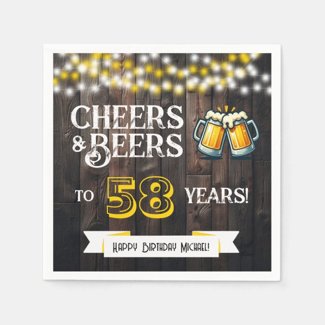 Cheers and Beers to 58 Years Rustic Birthday Party Napkins (Front)