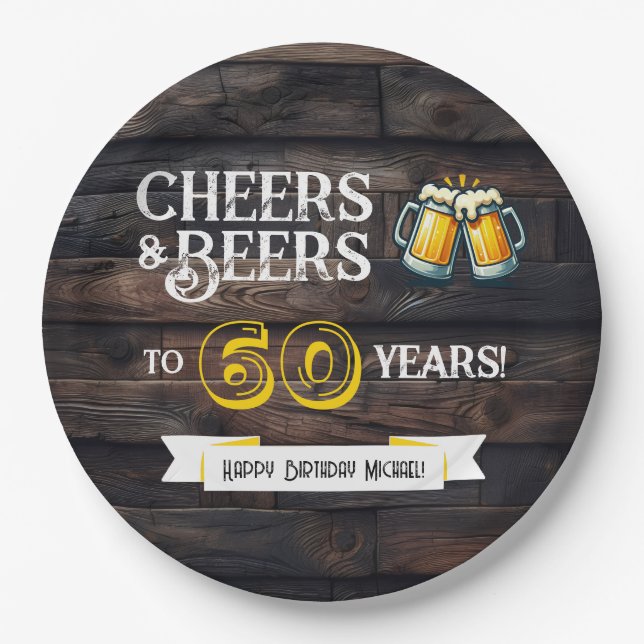 Cheers and Beers to 60 Years Rustic Birthday Paper Plates (Front)