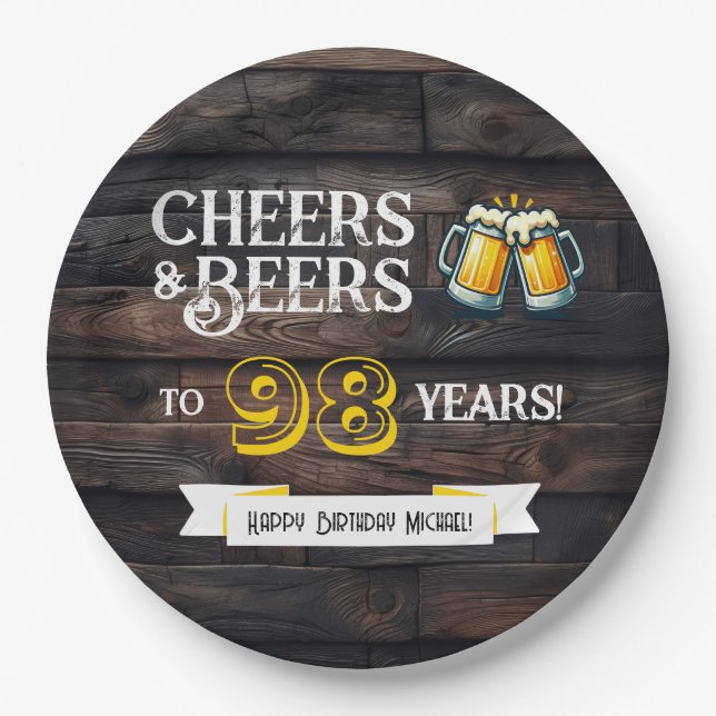 Cheers and Beers to 98 Years Rustic Birthday Paper Plates (Front)
