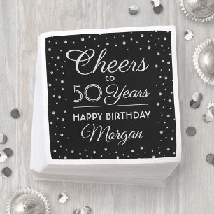 Cheers Any Year Birthday Confetti Black and Silver Napkins