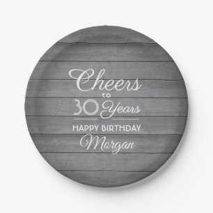 Cheers Any Year Birthday Grey Faux Wood Rustic Paper Plates