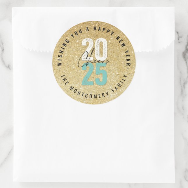 Cheers Aqua 2025 Gold Glitter New Year Holiday Classic Round Sticker (Bag)