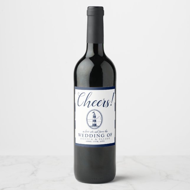 Cheers! Beach Lighthouse | Wedding Theme Wine Label (Front)
