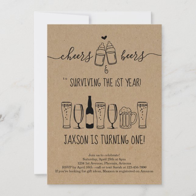 Cheers & Beer Bottle Toast First Birthday Party Invitation (Front)