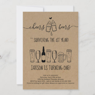 Cheers & Beer Bottle Toast First Birthday Party Invitation