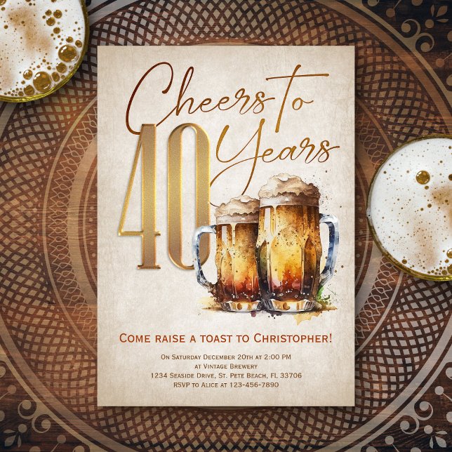 Cheers Beer Mens Funny 40th Birthday Invitation (Creator Uploaded)