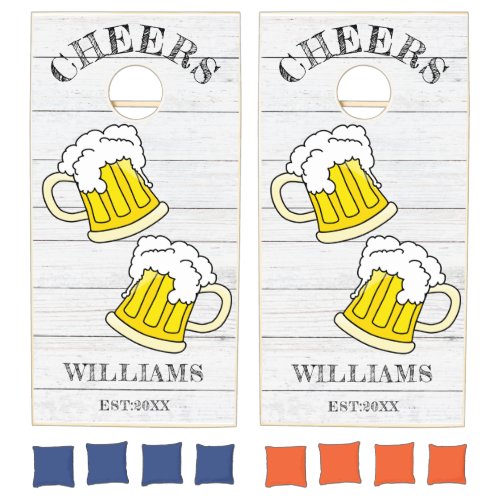 Cheers Beer Party Family Name White Wood Cornhole Set