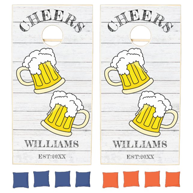 Cheers Beer Party Family Name White Wood Cornhole Set (Set)