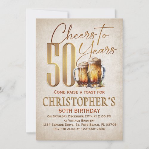Cheers Beer Rustic 50th Birthday Invitation