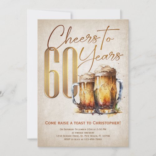 Cheers Beer Rustic 60th Birthday Invitation