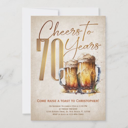 Cheers Beer Rustic 70th Birthday Invitation