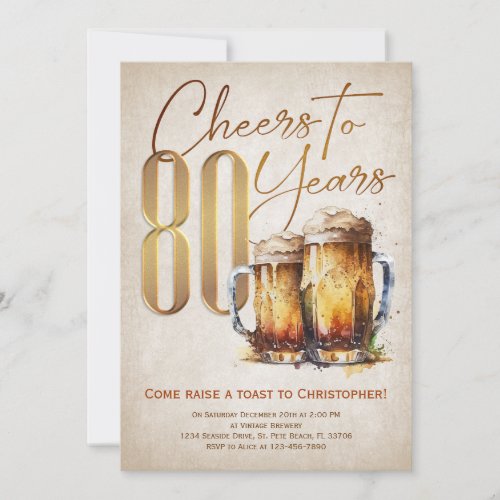 Cheers Beer Rustic 80th Birthday Invitation