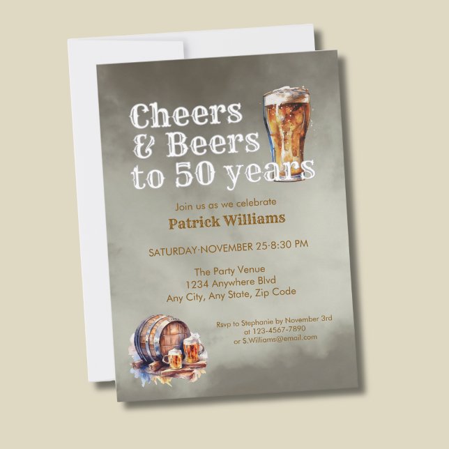Cheers Beers 50 Years Black Smokey Men's Birthday Invitation (Creator Uploaded)