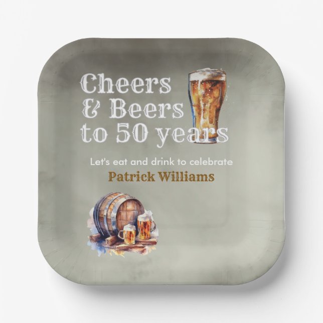 Cheers Beers 50 Years Black Smokey Men's Birthday Paper Plates (Front)