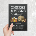 Cheers & Beers 60th Birthday Party Invitation<br><div class="desc">Marking 60 years deserves a unique celebration and our rustic adult 60th birthday party invitations are just that! Featuring a vintage chalkboard background,  watercolor motifs of beers,  a pretzel,  and a beer barrel. The motto? 'Cheers and beers to 60 years'. Personalize instantly with our easy-to-use party template.</div>