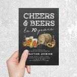Cheers & Beers 70th Birthday Party Invitation<br><div class="desc">Rustic adult 70th birthday party invitations featuring a chalkboard background,  a selection of watercolor beers,  pretzel,  and a beer barrel,  the saying "cheers & beers to 70 years",  and a modern party template that is easy to personalize.</div>