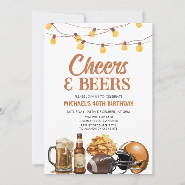 Cheers & Beers Adult Birthday String Lights Party Invitation (Front)