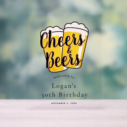 Cheers  Beers Beige Birthday Party Welcome Acrylic Sign