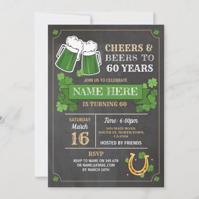Cheers Beers Birthday Chalk St Patricks Day Party Invitation (Front)