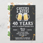 Cheers & Beers Birthday Party Invitation<br><div class="desc">Painted beer mugs on chalkboard background,  "CHEERS & BEERS",  Birthday Party Invitation. Pub style pattern on back features,  hops,  wheat,  beer glass,  beer mug and pretzels. Font color and style can be customized.</div>