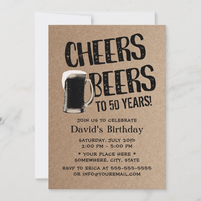 Cheers & Beers Birthday Party Rustic Kraft Invitation (Front)