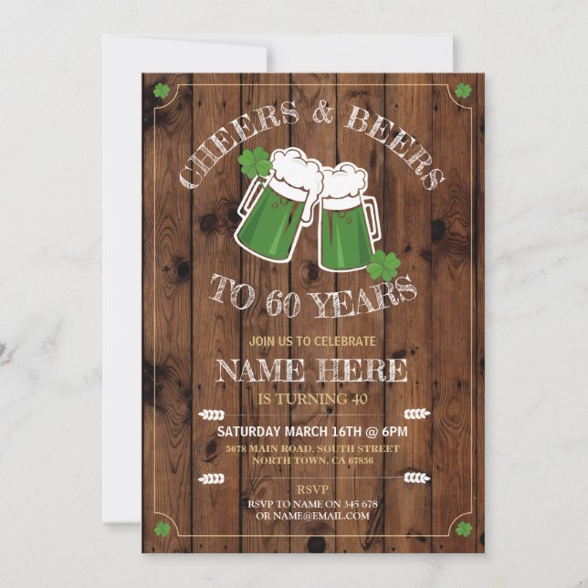 Cheers Beers Birthday Party St Patricks Day Wood Invitation (Front)