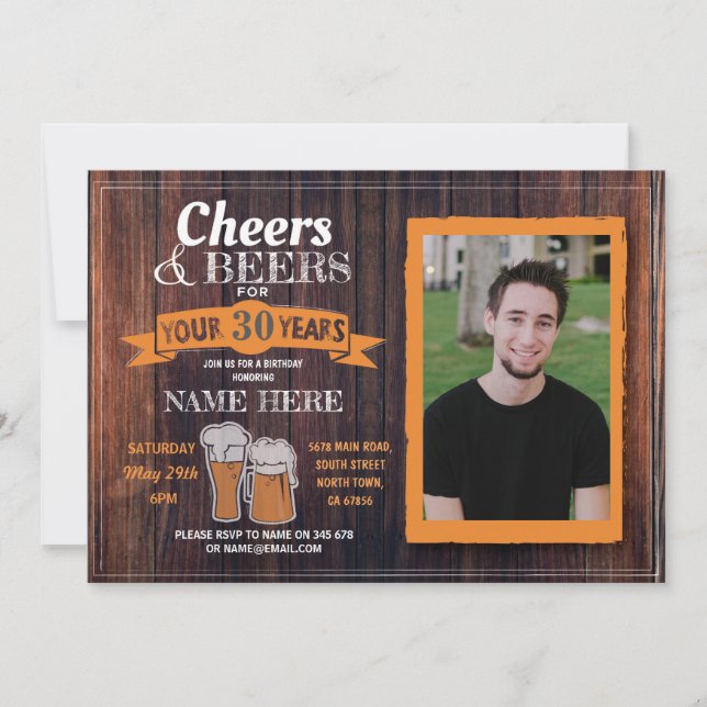 Cheers & Beers Birthday Photo Rustic Mens Invite (Front)