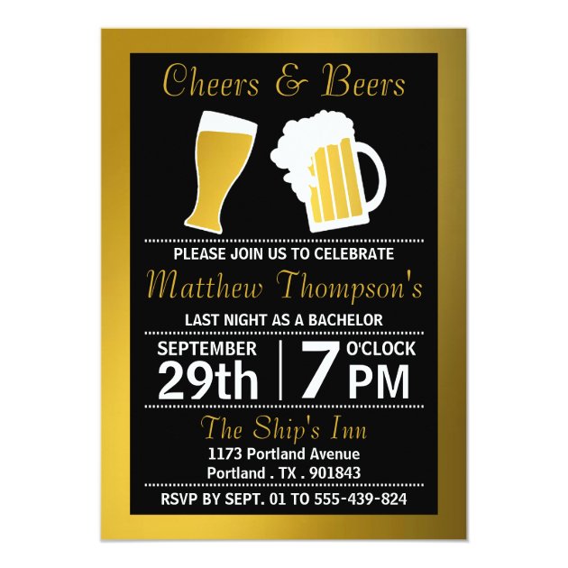 Cheers & Beers Black & Gold Bachelor Party Invitation