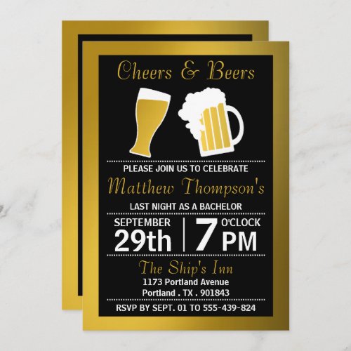Cheers  Beers Black  Gold Bachelor Party Invitation