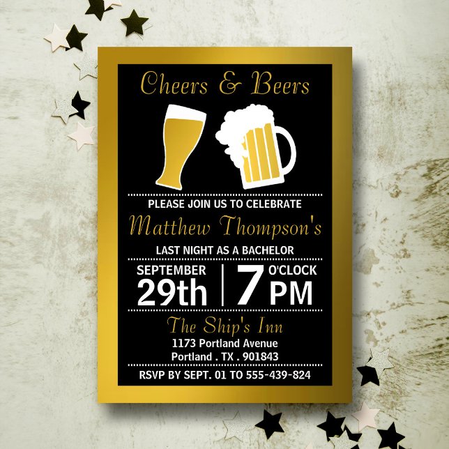 Cheers & Beers Black & Gold Bachelor Party Invitation (Creator Uploaded)