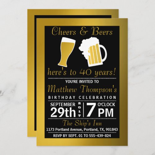Cheers  Beers Black  Gold Birthday Party Invitation