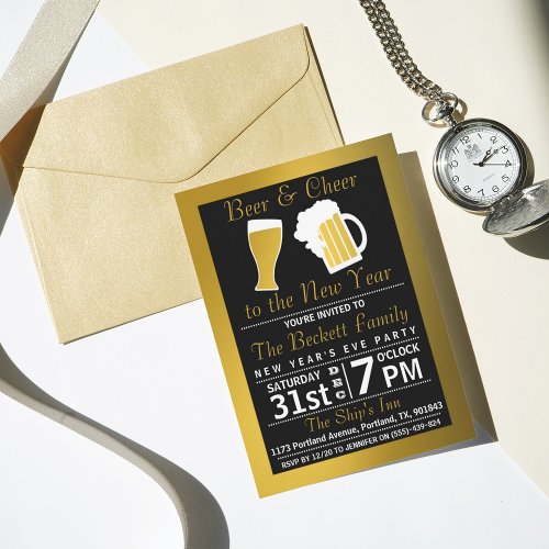 Cheers  Beers Black  Gold New Years Eve Party Invitation