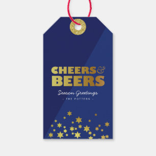 Cheers & Beers   Fun Christmas Blue & Gold Gift Tags