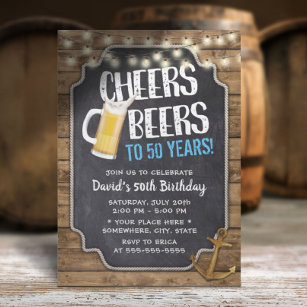 Cheers & Beers Gold Anchor Rustic 50th Birthday Invitation