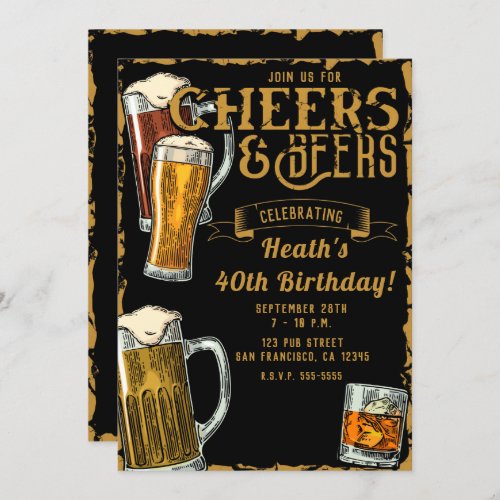 Cheers  Beers Gold Black Pub Bar Birthday Party Invitation
