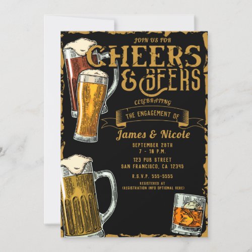 Cheers  Beers Gold Black Pub Bar Engagement Party Invitation
