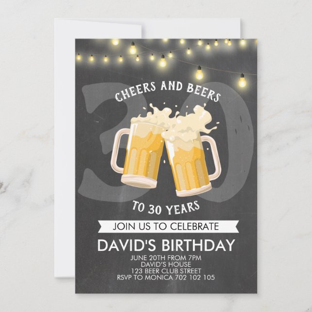 Cheers & Beers Man Birthday Chalkboard Jar Lights Invitation (Front)