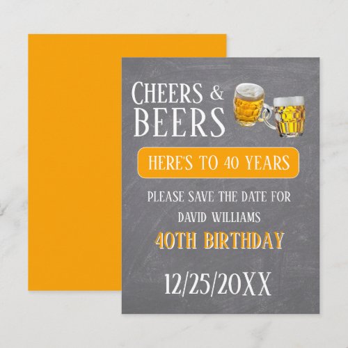 Cheers &amp; Beers Masculine 40th Birthday Party Save The Date
