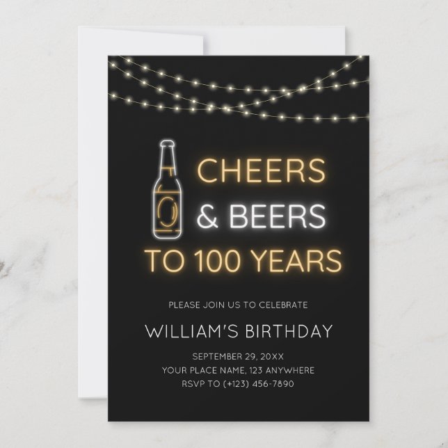 Cheers & Beers Neon Sign 100th Birthday Photo Invitation (Front)